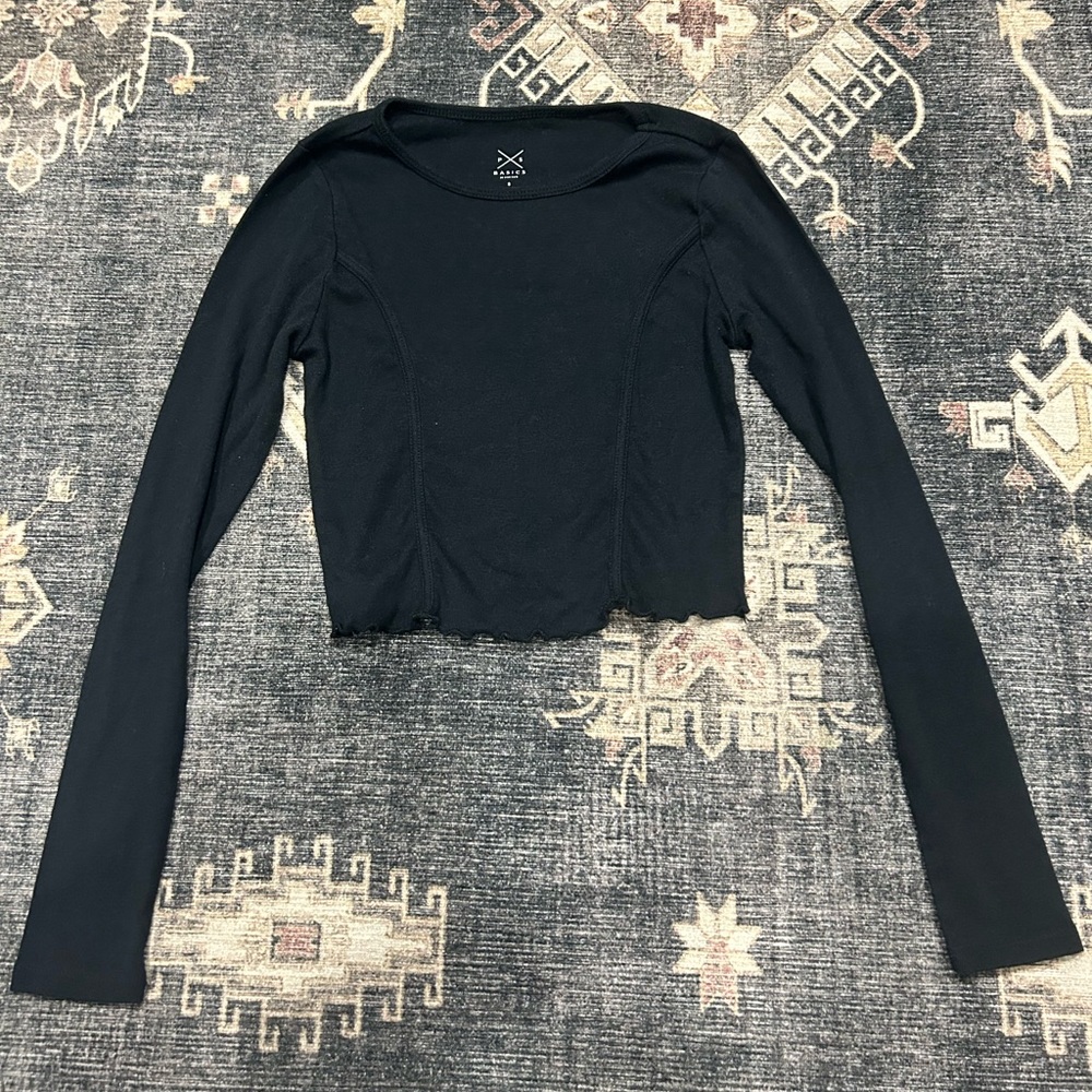 PACSUN Cropped Black Lettuce Cut Long Sleeve